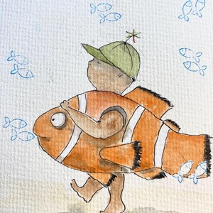 Handgemachte Postkarte Aquarellmalerei Junge und Fisch