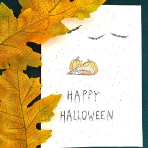 Biglietto autunnale/Halloween con piccola volpe e alcuni pipistrelli e 1 zucca, fatto a mano da artbysusannl