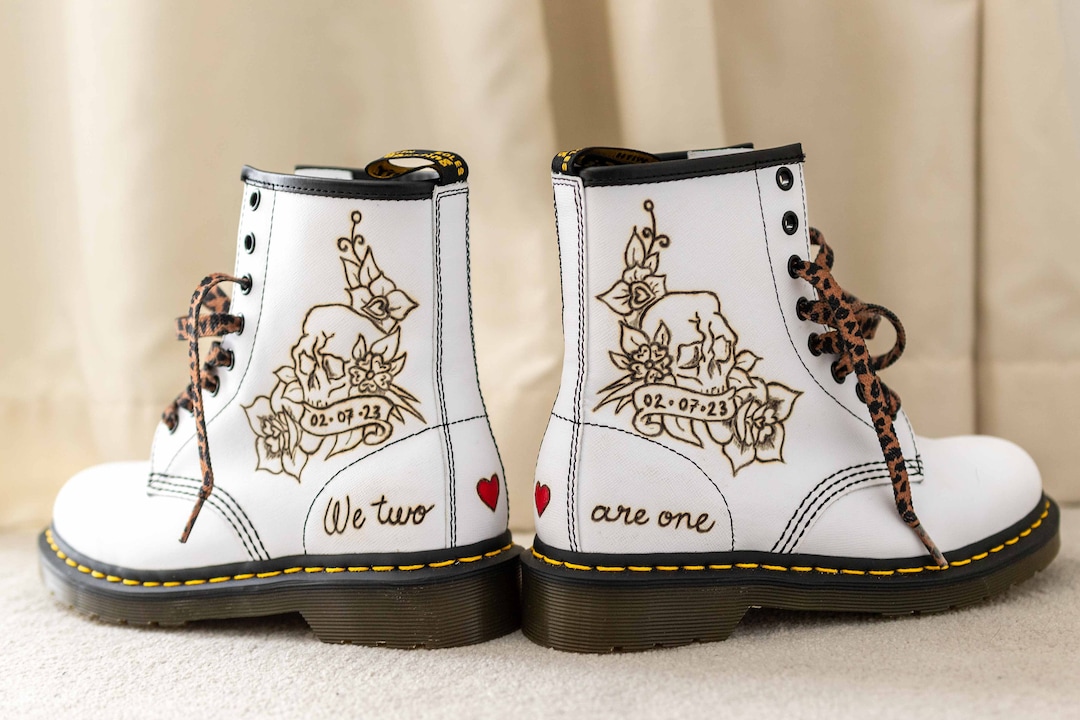 Custom Burned Wedding Dr. Martens Boots: Skull Floral Decor