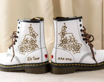 Personalised Wedding Boots Hand burned and painted Dr Martens add your wedding day and skull floral hearts Custom Wedding shoe decor service