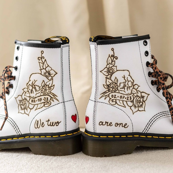 Personalised Wedding Boots Hand burned and painted Dr Martens add your wedding day and skull floral hearts Custom Wedding shoe decor service