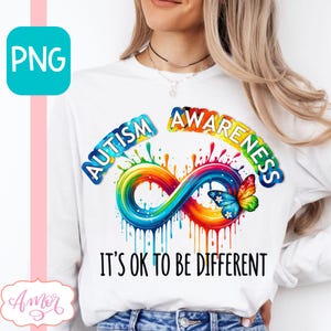 DOWNLOAD DIGITAL Camiseta de conscientização sobre autismo PNG Não tem problema ser diferente, design de sublimação, camiseta de aceitação do autismo, símbolo infinito colorido