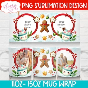 DESCARGA DIGITAL Envoltura de taza con foto navideña PNG Plantilla de taza de café con foto personalizada Marco de fotos Taza familiar Lindo hombre de jengibre Envoltura de taza de 11 oz