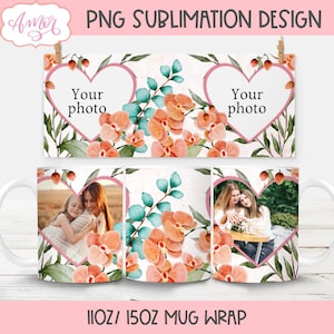 Modelo de caneca com foto floral em aquarela para sublimação, envoltório de caneca com flores de orquídea para presentes personalizados, caneca com moldura de coração PNG download