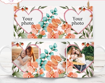 Watercolor floral photo mug template for sublimation, Orchid flowers mug wrap for personalized gifts, Picture heart frame mug PNG download