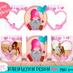 Linda foto taza envoltura PNG para sublimación, plantilla de taza de café con imagen personalizable / 11oz 15 oz lindo gnomo taza corazones aman el diseño digital