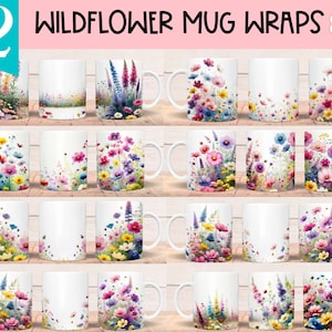 Lot de 12 motifs de sublimation de tasse de fleurs sauvages, tasse florale aquarelle de 11 oz enveloppements png, modèle de tasse de printemps conçoit le téléchargement numérique instantané