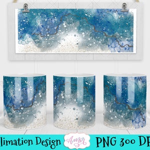 May include: Three white ceramic mugs with a sublimation design of blue and silver abstract watercolor. The design features a swirling pattern of blue and silver with a hint of glitter.