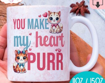 DIGITAL DOWNLOAD Valentines Day Mug wrap sublimation PNG Cat lover 11oz 15oz coffee mug template png cute cat owner valentines mug design