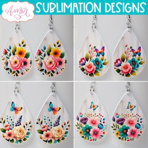 TÉLÉCHARGEMENT NUMÉRIQUE Bundle fleurs sauvages boucles d'oreilles sublimation PNG modèle de boucle d'oreille floral en forme de larme aquarelle printemps blanc papillons boucle d'oreille png