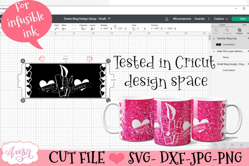 Puede incluir: Un dise&ntilde;o digital para una taza con una ilustraci&oacute;n en blanco y negro de pinceles, l&aacute;piz labial y un coraz&oacute;n con el texto "Teach Love Inspire". El dise&ntilde;o se muestra en una taza de purpurina rosa y en el espacio de dise&ntilde;o de Cricut.