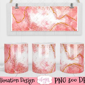 May include: Three sublimation designs for mugs featuring a pink and gold marble pattern with gold glitter. The design is perfect for creating personalized mugs.