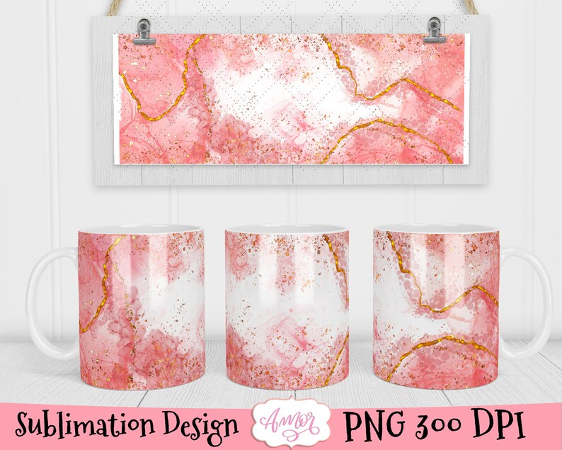 May include: Three sublimation designs for mugs featuring a pink and gold marble pattern with gold glitter. The design is perfect for creating personalized mugs.
