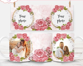 Add your own photos mug template, personalized coffee mug 11 oz mug sublimation designs, DIY mothers day gift, floral mug wrap for Mom