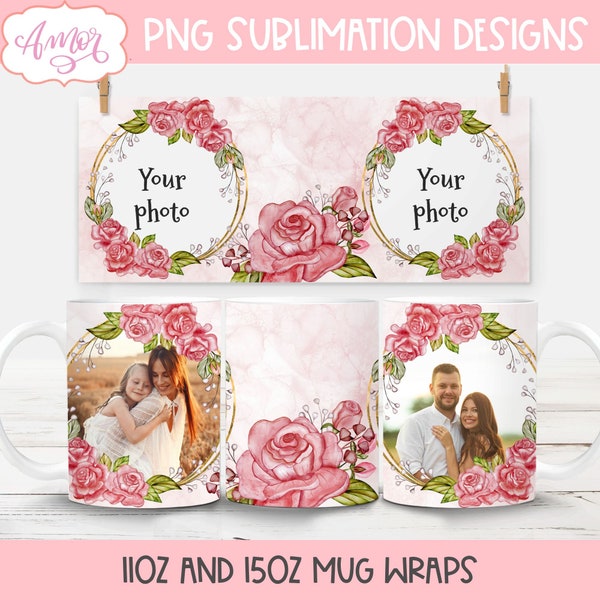 Add your own photos mug template, personalized coffee mug 11 oz mug sublimation designs, DIY mothers day gift, floral mug wrap for Mom