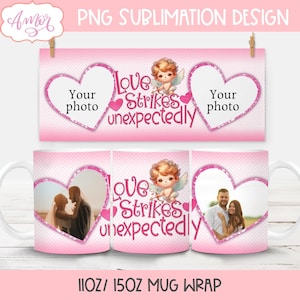 Plantilla de taza con foto del Día de San Valentín para sublimación, envoltura de taza con imagen completa personalizable de 11 oz y 15 oz, plantilla PNG de taza de café de amor personalizada