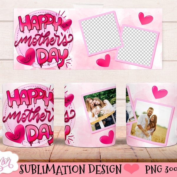 Happy mother's day photo mug template PNG for sublimation, mom 11oz picture mug wrap graphic | Pic collage photo frames customizable gift
