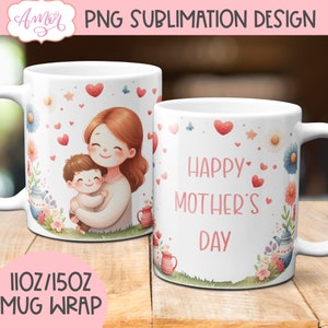 Plantilla de taza Feliz Día de la Madre para sublimación, envoltura de taza de mamá e hija PNG, lindo diseño de taza de café de mamá, Descarga instantánea gráfica digital