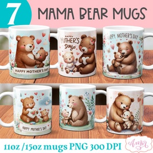 Pacote de 7 canecas da Mama Bear para sublimação, modelos de canecas de café do Feliz Dia das Mães, copos fofos para mães PNG 11 onças 15 onças download instantâneo