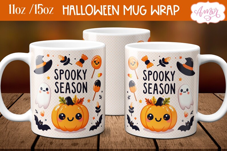 Puede incluir: Dos tazas de cer&aacute;mica blanca con tem&aacute;tica de Halloween. Las tazas presentan una calabaza, un fantasma, un murci&eacute;lago, un sombrero de bruja, ma&iacute;z dulce y una piruleta. El texto en las tazas dice "Spooky Season".