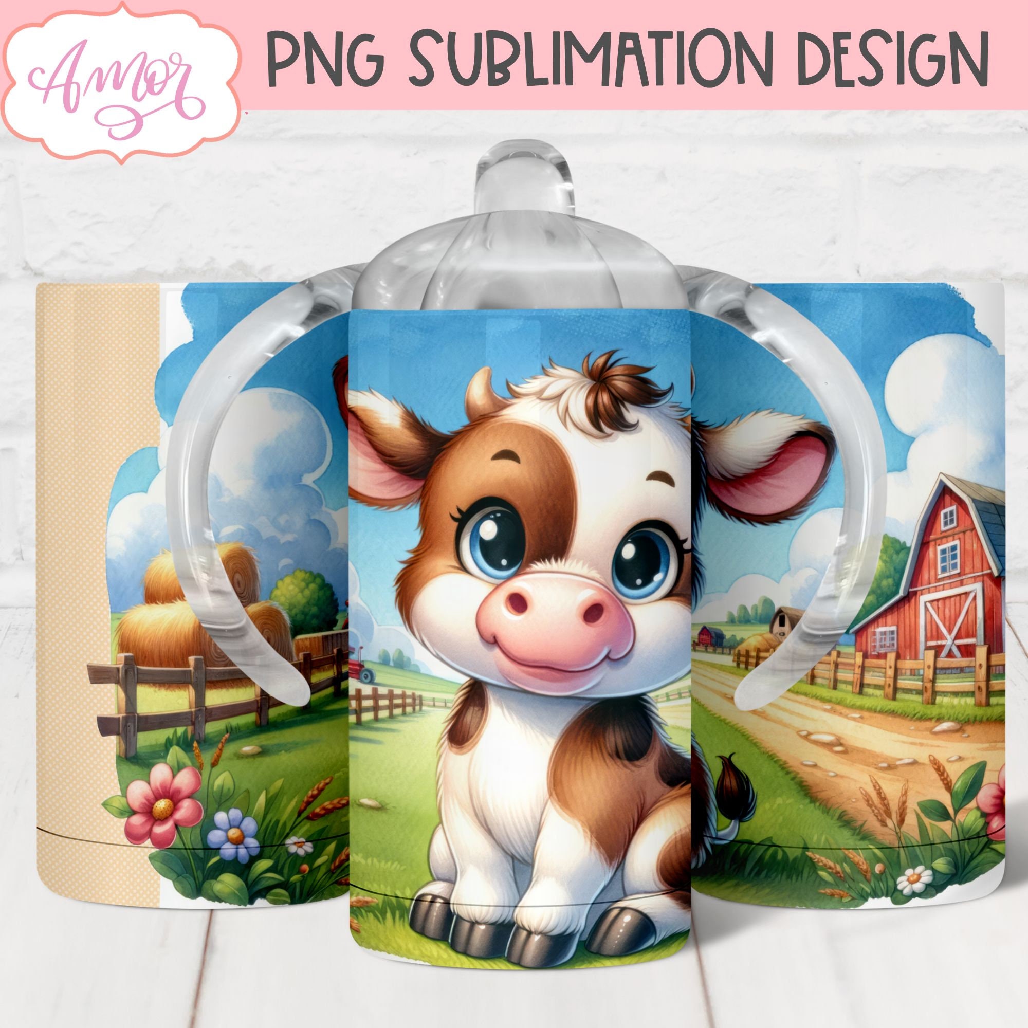 Cute cow sippy cup sublimation tumbler, Farm sippy tumbler template png for sublimation, baby animal customizable kids 12oz tumbler template