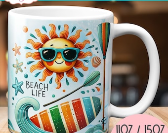 Strandleven mok wrap PNG voor sublimatie, Zomerliefhebber koffiemok sjabloon voor 11oz mokken, vakantie vakantie 15oz mok digitale instant download