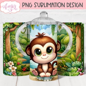 Bicchiere per sublimazione con tazza sippy scimmia carina, modello tazza sippy animale della giungla PNG per sublimazione, modello bicchiere da 12 once per bambini personalizzabile
