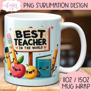 Mejor maestro del mundo envoltura de taza PNG para sublimación, diseño PNG de apreciación del maestro para tazas de café de 11 oz, descarga de plantilla de taza de maestro