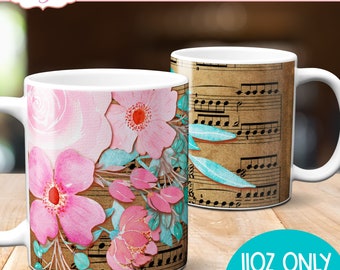 Floral coffee mug sublimation, music mug wrap PNG | Watercolor flowers full personalized coffee mug PNG printable template, mug png design