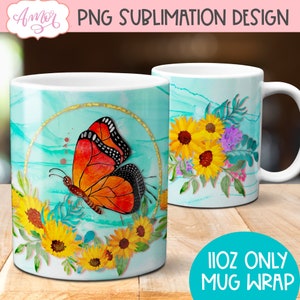 Sunflowers and butterfly mug PNG design for sublimation, floral mug wrap PNG template, spring full 11oz coffee mug design, Instant download image 1