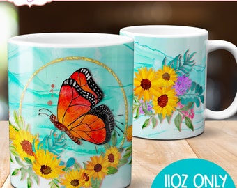 Sunflowers and butterfly mug PNG design for sublimation, floral mug wrap PNG template, spring full 11oz coffee mug design,  Instant download