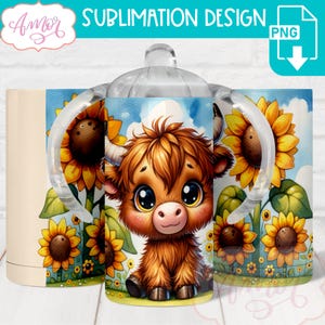 DESCARGA DIGITAL Linda taza para beber con forma de vaca de las Tierras Altas, plantilla de vaso para niños de 12 oz, sublimación PNG, plantilla de vaso para niños personalizable, girasoles