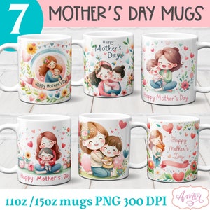Bundle of 7 Mother's Day mug wraps for sublimation, Mom coffee mug templates, Cute floral watercolor designs for cups PNG 11oz 15oz download