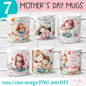 Lot de 7 emballages de tasse à sublimation pour la fête des mères, modèles de tasse à café pour maman, jolis motifs floraux aquarelles pour tasses PNG 11 oz 15 oz à télécharger