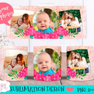 Add your own pictures mug template for sublimation, floral mug wrap PNG, personalizable coffee mug PNG printable template, collage photo mug