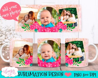 May include: A sublimation design for a mug featuring a pink marble background with gold accents. The design includes three photo placeholders, pink flowers, and the text "add your own photos".