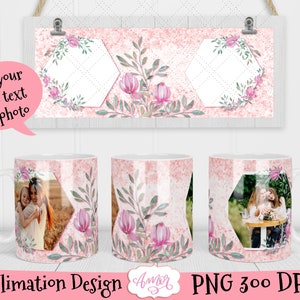 Adicione seu próprio modelo de caneca de fotos para sublimação, envoltório de caneca floral completo, caneca de café personalizável Modelo imprimível PNG, caneca personalizada png