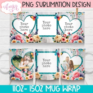 DESCARGA DIGITAL Plantilla de taza con foto floral para taza de café personalizada Envoltura de sublimación de taza con imagen de 11 oz Regalo para el Día de la Madre DIY personalizable