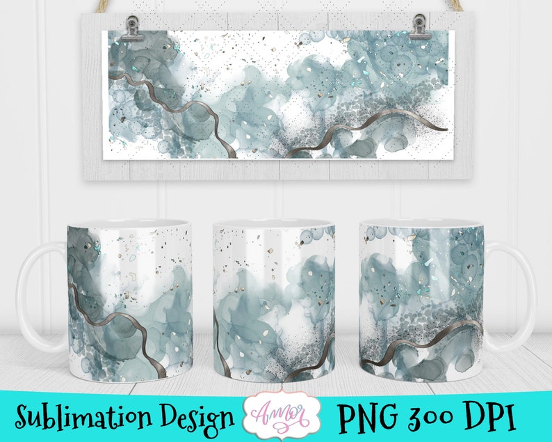 May include: Sublimation design featuring a white mug with a blue and gray abstract watercolor pattern. The design includes a thin black line and silver glitter accents.
