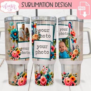 DIGITAL NEDLADDNING Blommig fotoglasomslag PNG sublimering vårfotoram 40oz glasmall anpassningsbar design collageglas