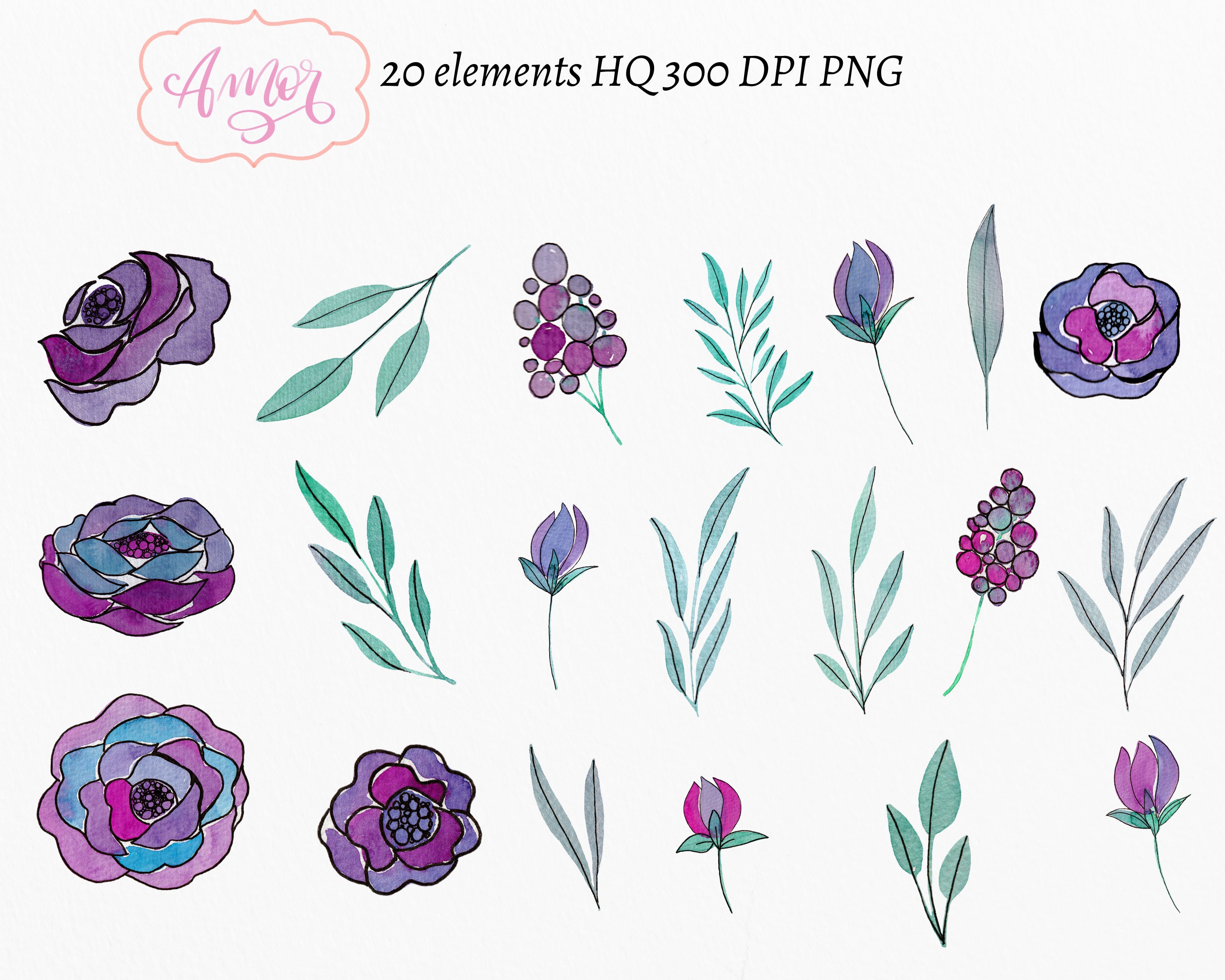 Purple flower clipart Purple watercolor floral bouquets | Etsy