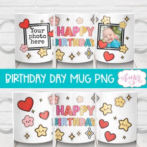 DIGITALER DOWNLOAD Kundenspezifische Geburtstagsfotobecher-Schablone personalisierte Kaffeebecherverpackung 11 Unze Sublimationsentwürfe DIY alles Gute zum Geburtstaggeschenk 15 Unzen Becher