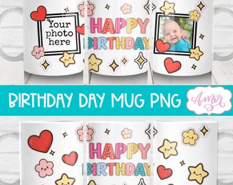 Enveloppement de tasse de joyeux anniversaire de téléchargement numérique, modèle de tasse de photo d'anniversaire, tasse de café d'anniversaire PNG, tasse de cadre photo de 11 oz, conception personnalisable