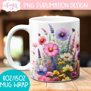 Conception de sublimation de tasse de fleurs sauvages, tasse florale aquarelle de 11 oz enveloppe png, modèle de tasse de printemps conçoit le graphique de téléchargement instantané numérique 15 oz