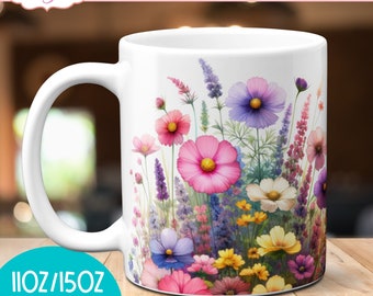 Wildflowers mug sublimation design, watercolor floral 11oz mug wraps png, Spring mug template designs digital instant download graphic 15oz