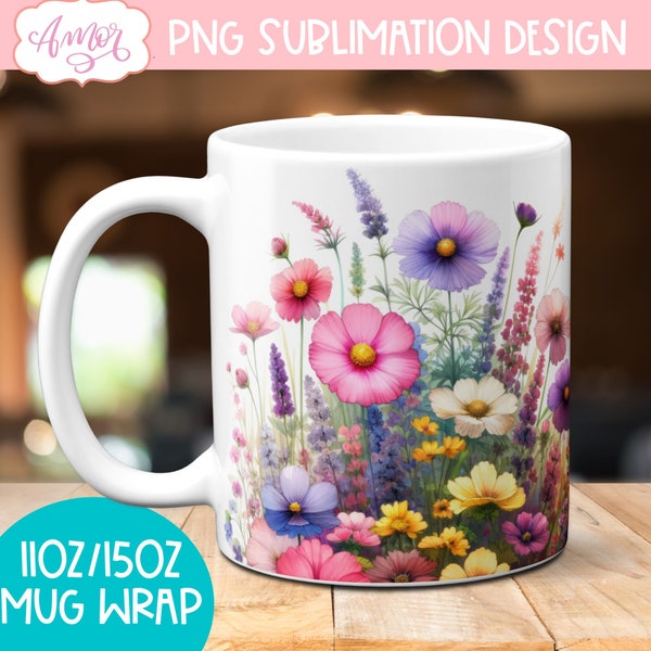 Wildflowers mug sublimation design, watercolor floral 11oz mug wraps png, Spring mug template designs digital instant download graphic 15oz