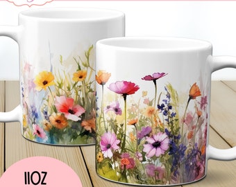 Wildflowers mug sublimation design, watercolor floral 11oz mug wraps png, Spring mug template designs digital instant download graphic