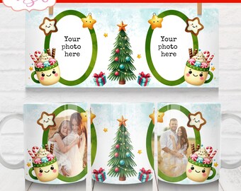DIGITALE DOWNLOAD Kerst foto mok wrap PNG Custom foto koffiemok sjabloon fotolijst familie mok leuke kerstboom 11oz mok wrap