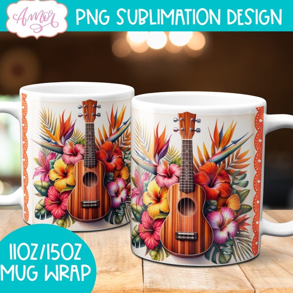 Ukulele mug PNG sublimation Design, Ukulele Mug Wrap PNG Printable, Ukulele Player mug template, Ukulele Coffee Mug wrap printable download