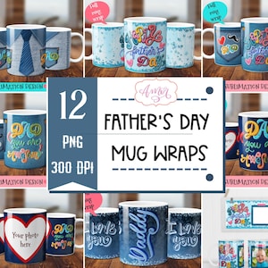 Pacote de 12 modelos de caneca do dia dos pais para sublimação, envoltório de caneca completo personalizável, modelo personalizado para impressão em PNG de caneca de café do pai